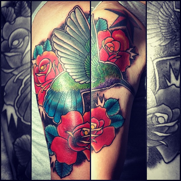 Tattoo tagged with: flower, bird, hummingbird, foot, splatter, rose |  inked-app.com
