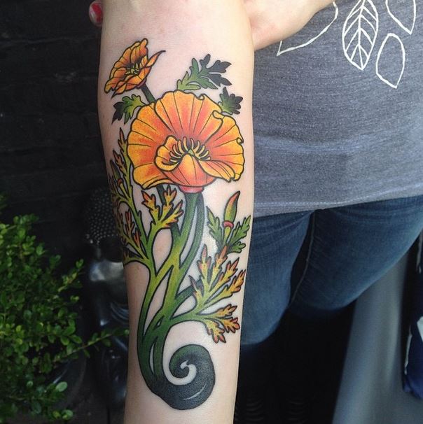 California poppy tattoo on the wrist